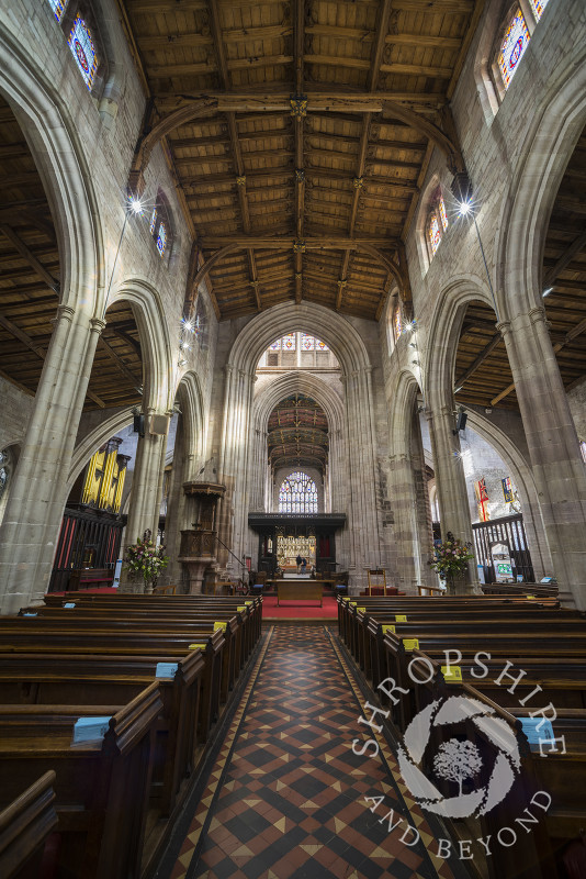 The nave of St Laurence's Church in Ludlow, Shropshire.