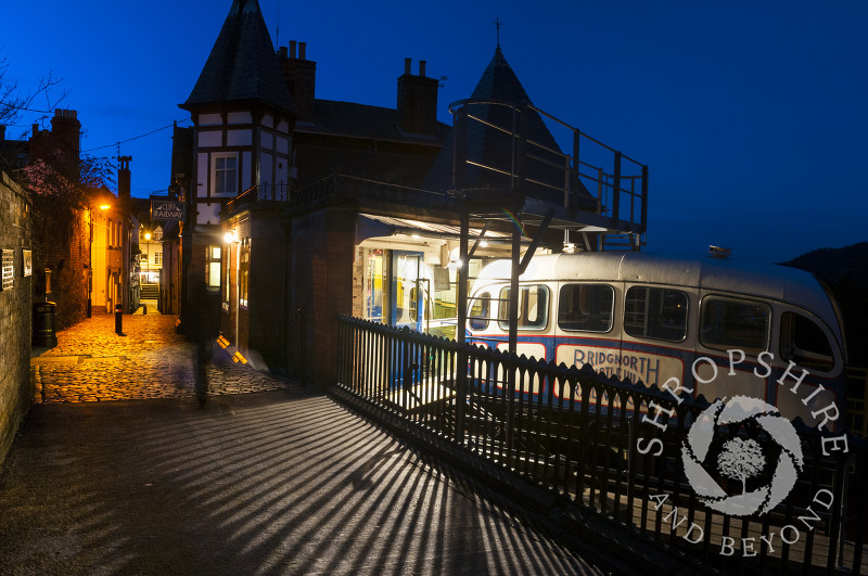 The Cliff Railway at night in Bridgnorth, Shropshire, England.