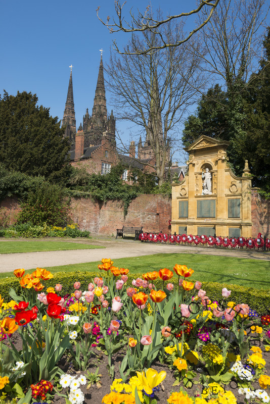 Springtime in the Garden of Remembrance overlooked by the cathedral, Lichfield, Staffordshire, England.