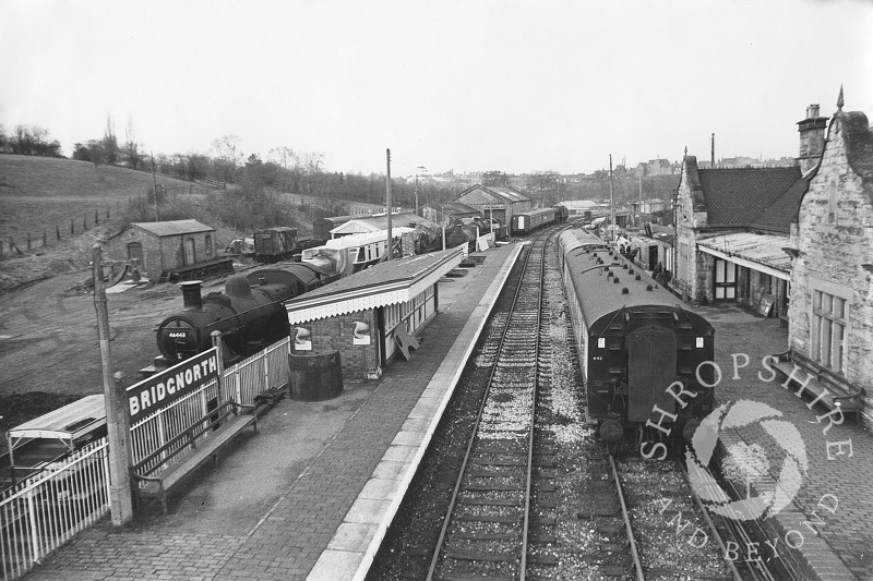 Steam locomotive 46443 at Bridgnorth Station on the Severn Valley Railway, Shropshire, 1968.