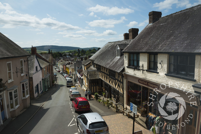 The view down High Street from the Town Hall in Bishop's Castle, Shropshire, England.