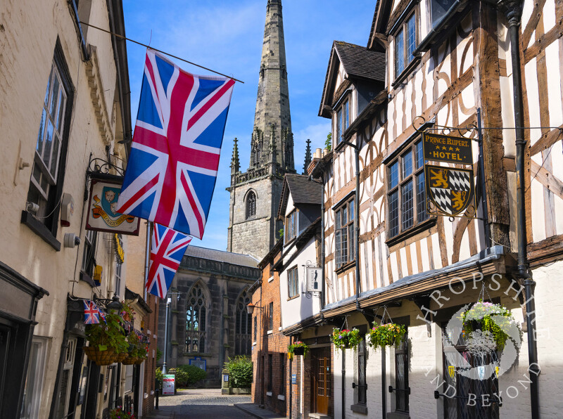 Union flags in Church Street, Shrewsbury, Shropshire.