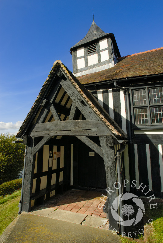 The entrance porch to St Peter's Church in Melverley, Shropshire.