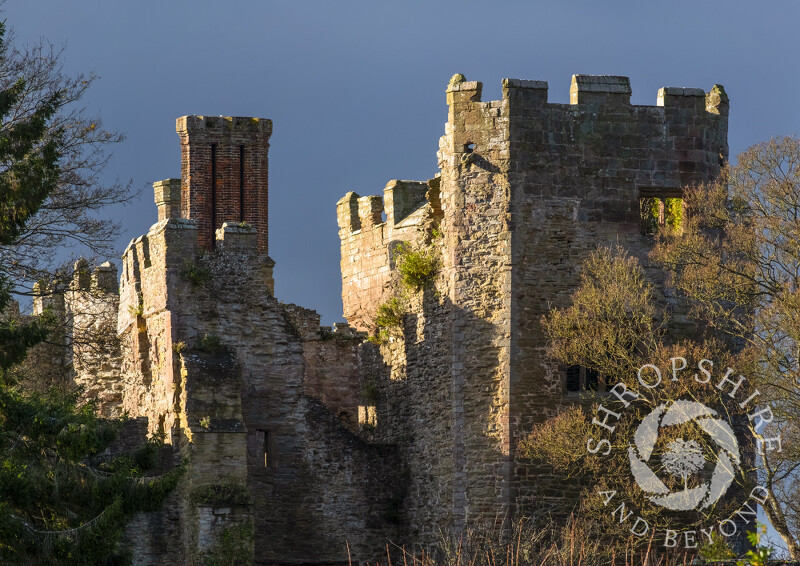 Sunlight picks out Ludlow Castle with a dramatic sky, Shropshire.
