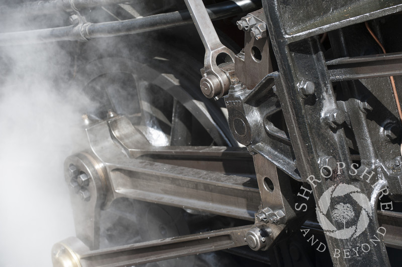 A close-up of a steam locomotive at Hampton Loade Station, Severn Valley Railway, Shropshire, England.