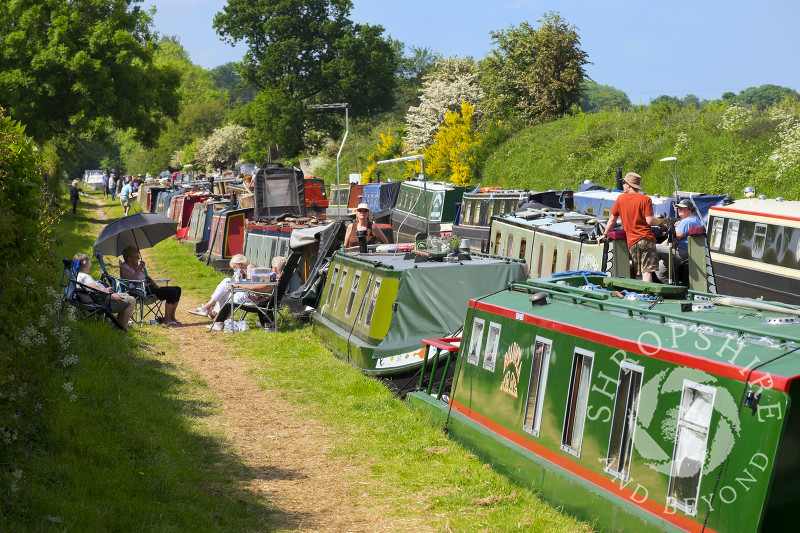 Boats moored on the Shropshire Union Canal at Norbury Junction, Staffordshire.