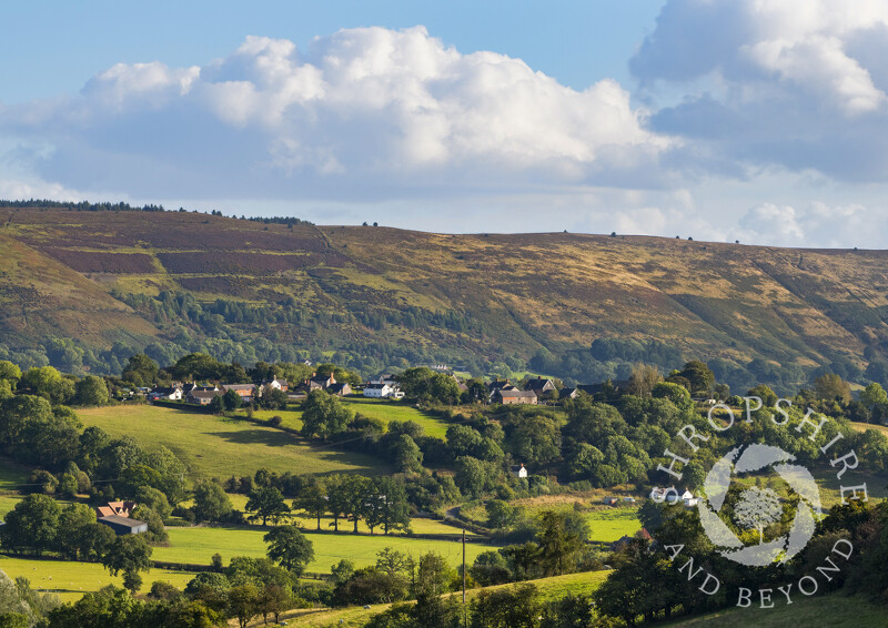 The village of Wentnor with the Long Mynd, Shropshire.