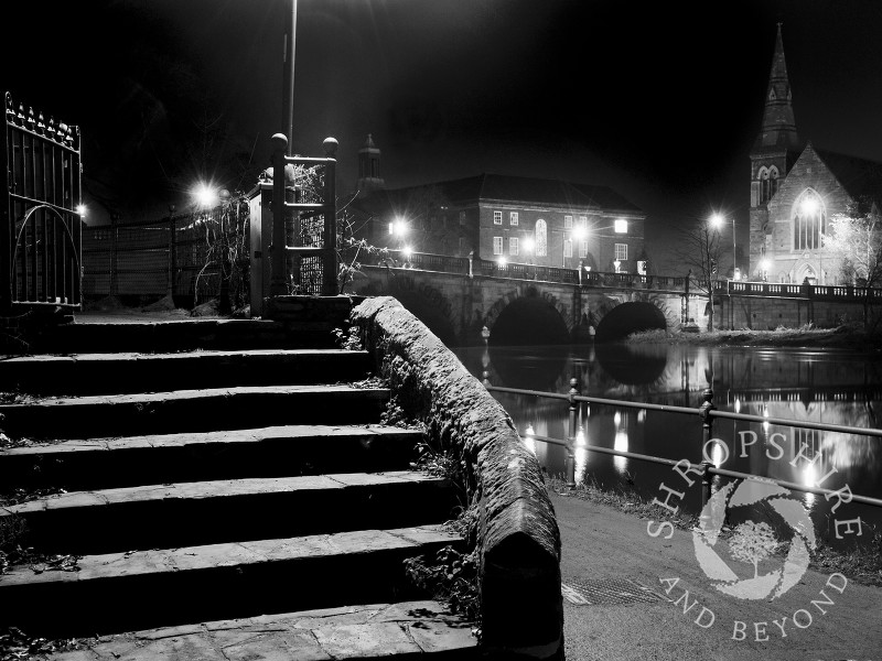 English Bridge at night, Shrewsbury, Shropshire, England.