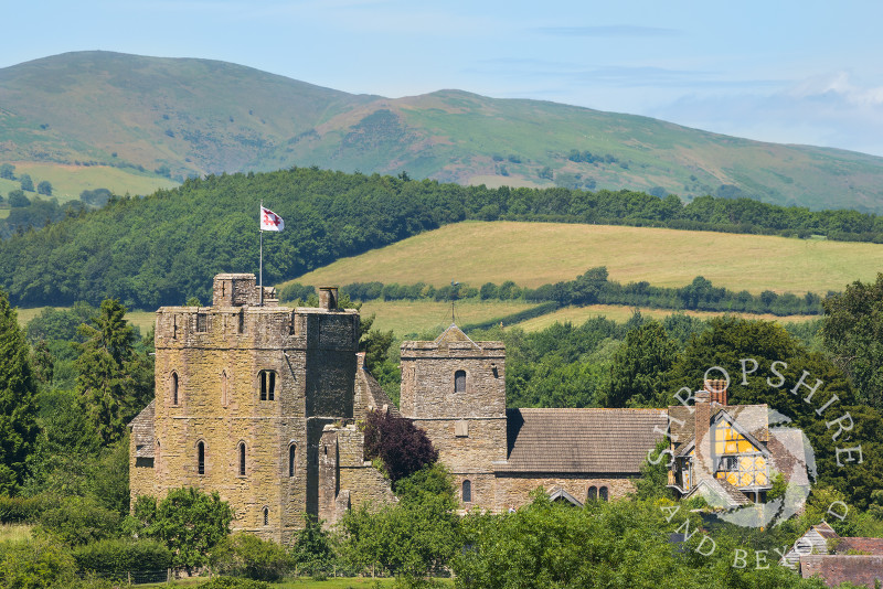 Stokesay Castle and the Long Mynd in south Shropshire.