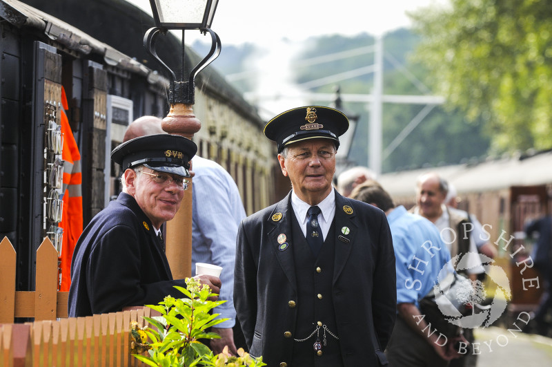 Railway staff on the platform at Hampton Loade Station, Severn Valley Railway, Shropshire, England.