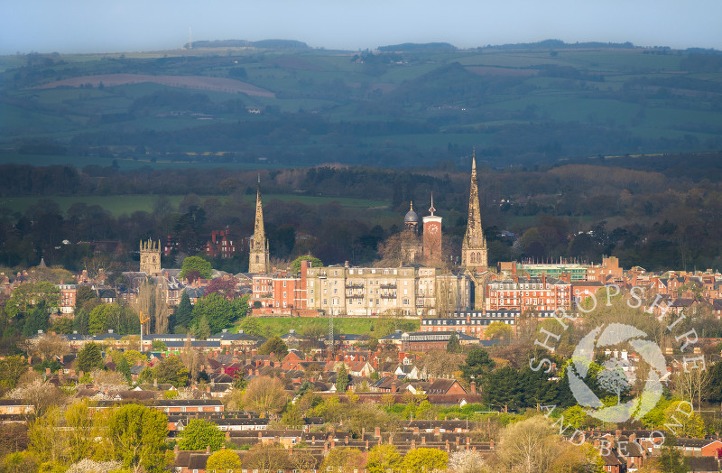 The spires and towers of Shrewsbury, Shropshire, seen from Haughmond Hill.