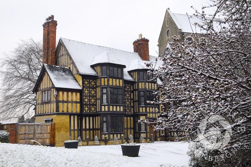 Winter snow surrounds Castle Gates House in Shrewsbury, Castle, Shropshire, England.