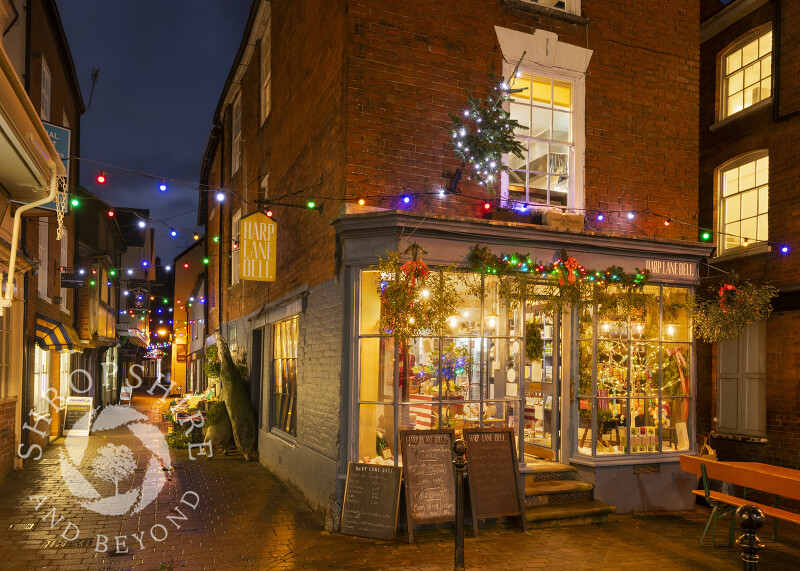 Harp Lane Deli and Church Street at Christmas in Ludlow.