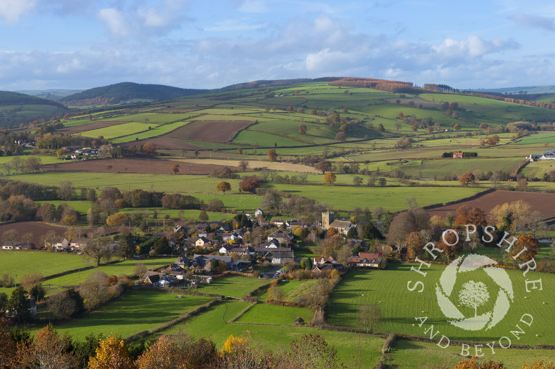 The village of Clunbury seen from Clunbury Hill, Shropshire.