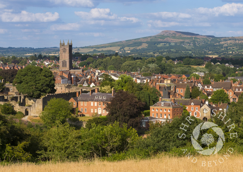St Laurence's Church and Titterstone Clee seen from Whitcliffe Common, Ludlow, Shropshire.