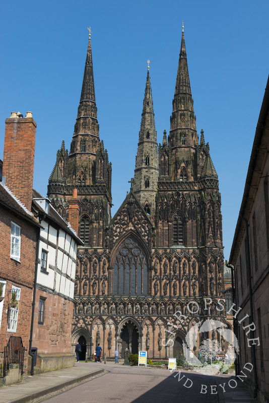 The West Front of Lichfield Cathedral seen from the Close, Lichfield, Staffordshire, England.