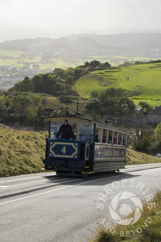 The Great Orme Tramway, Britain's only cable-hauled public road tramway, in Llandudno, North Wales.