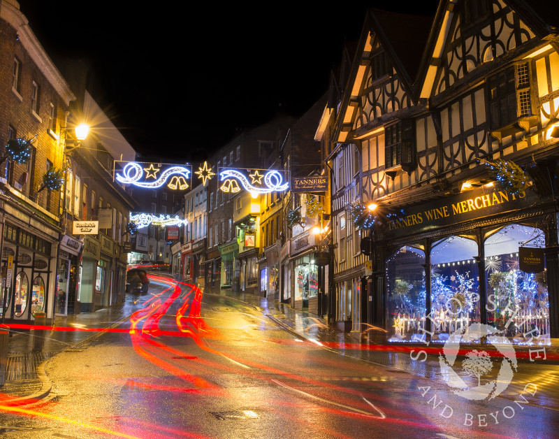 Christmas on Wyle Cop in Shrewsbury, Shropshire.