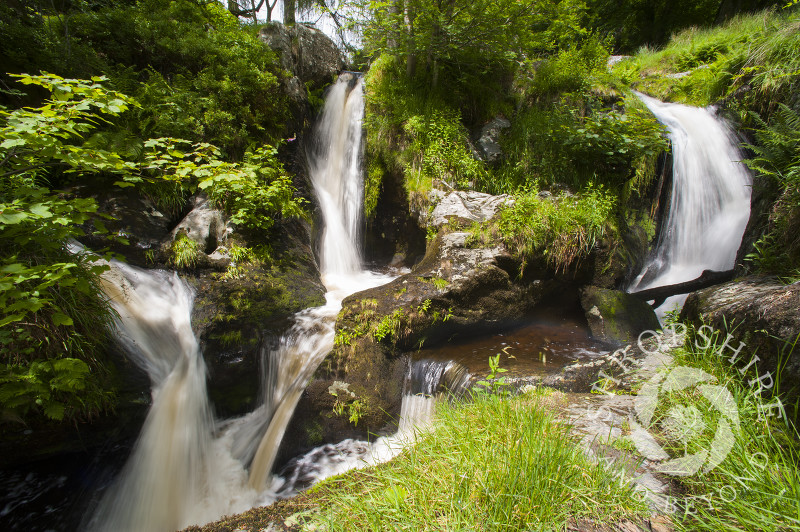 Streams feeding into Pistyll Rhaeadr waterfall in the Berwyn Mountains, Powys, Wales.