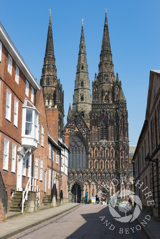 Lichfield Cathedral seen from the Close, Lichfield, Staffordshire, England.