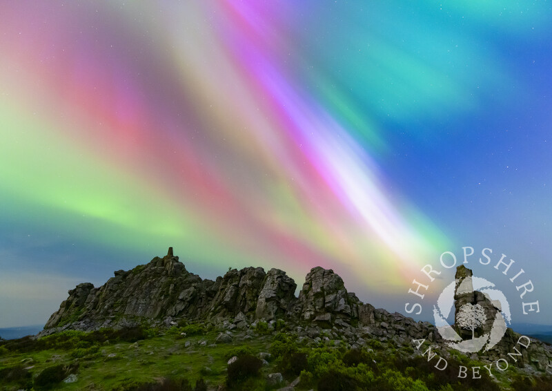 Northern lights over Manstone Rock on the Stiperstones, Shropshire.
