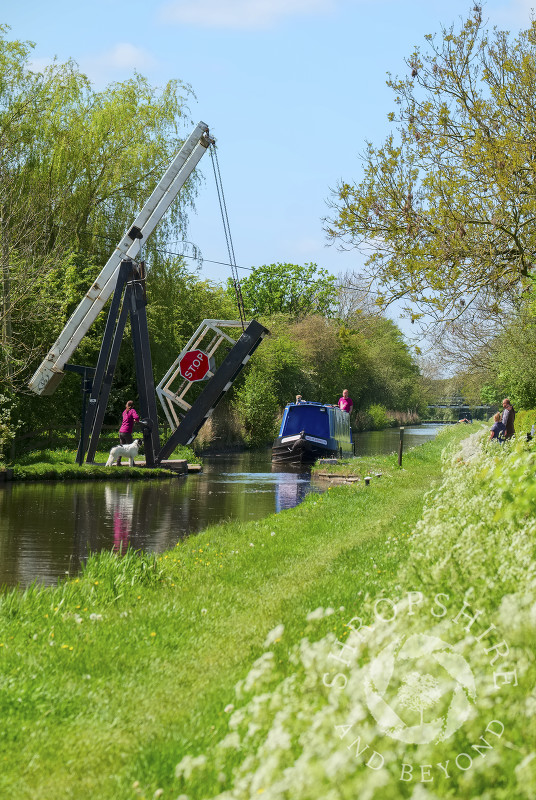 A narrowboat negotiates Morris's Lift Bridge on the Llangollen Canal near Whixall Moss, north Shropshire.