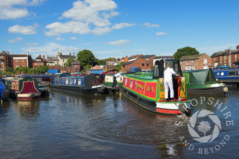 A narrowboat moors in the canal basin at Stourport-on-Severn, Worcestershire, England.