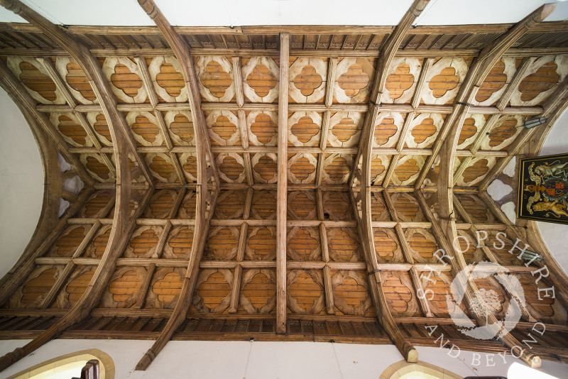 The painted ceiling in the chancel of St Mary's Church, Hopesay, near Craven Arms, Shropshire.