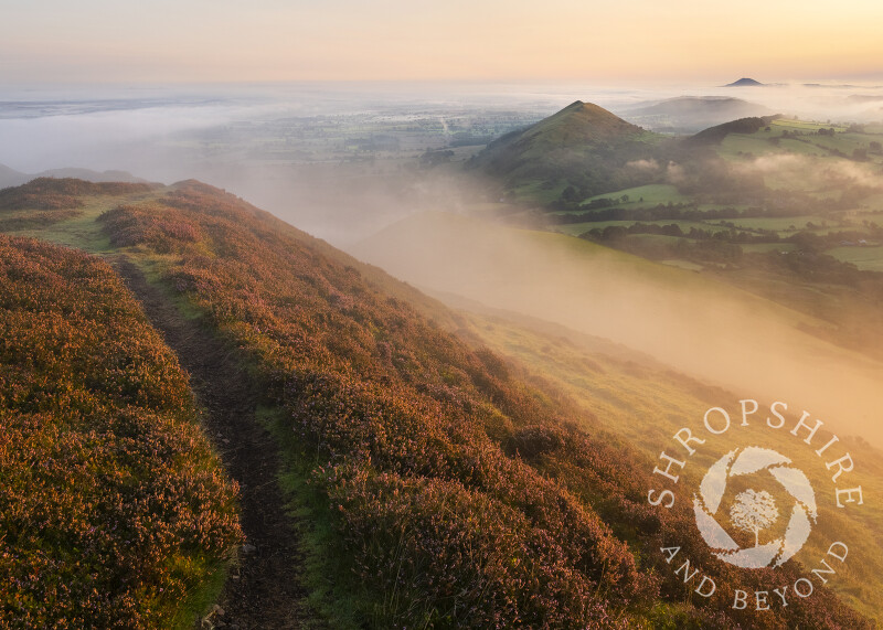 A path along the ramparts on Caer Caradoc, with the Lawley and the Wrekin amid the mist.