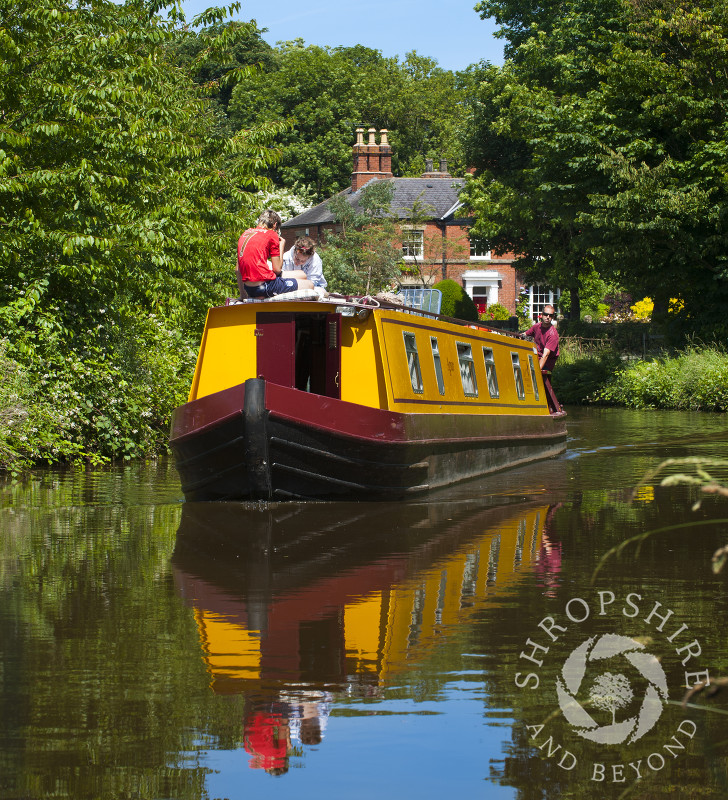 A narrowboat on the Llangollen Canal in Shropshire near Chirk, England.