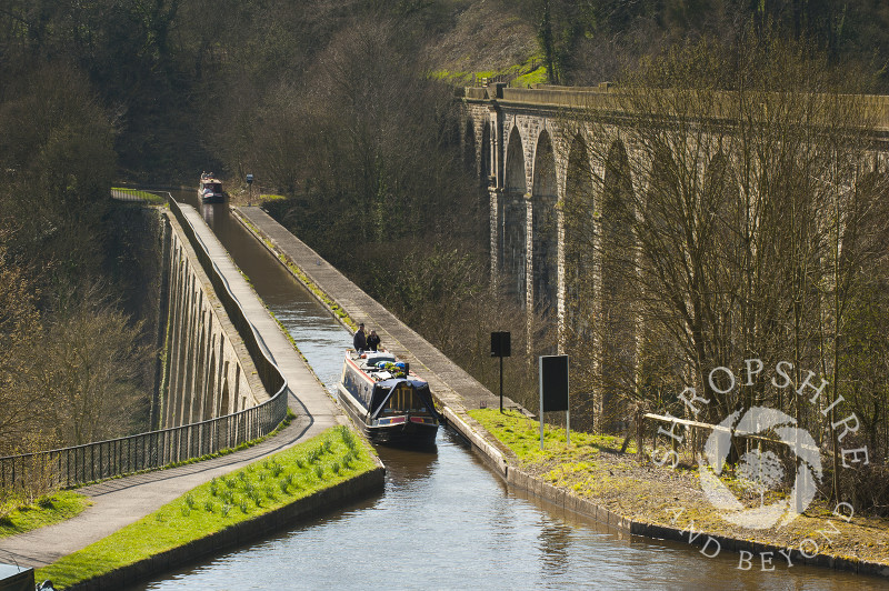 Narrowboats crossing Chirk Aqueduct, on the English/Welsh border.