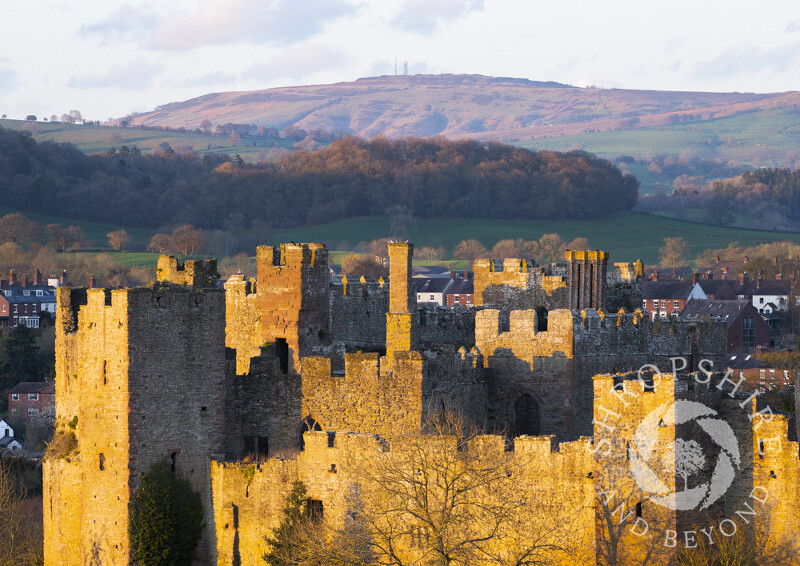 Evening light on Ludlow Castle and Brown Clee, Shropshire.