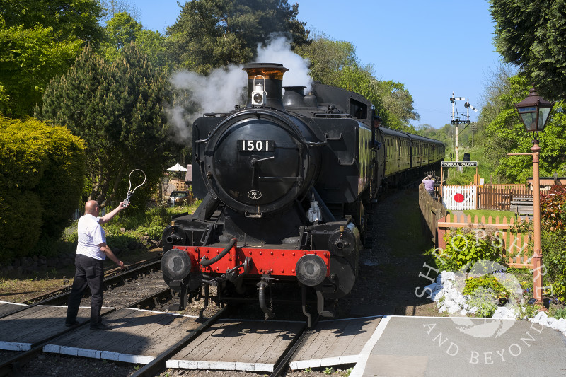 GWR Pannier 1501 steam locomotive at Hampton Loade, Shropshire.