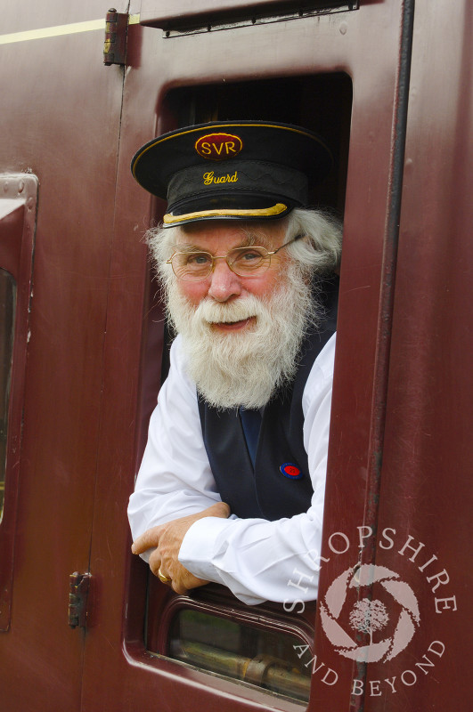 A guard on the Severn Valley Railway at Hampton Loade Station, Shropshire, England.