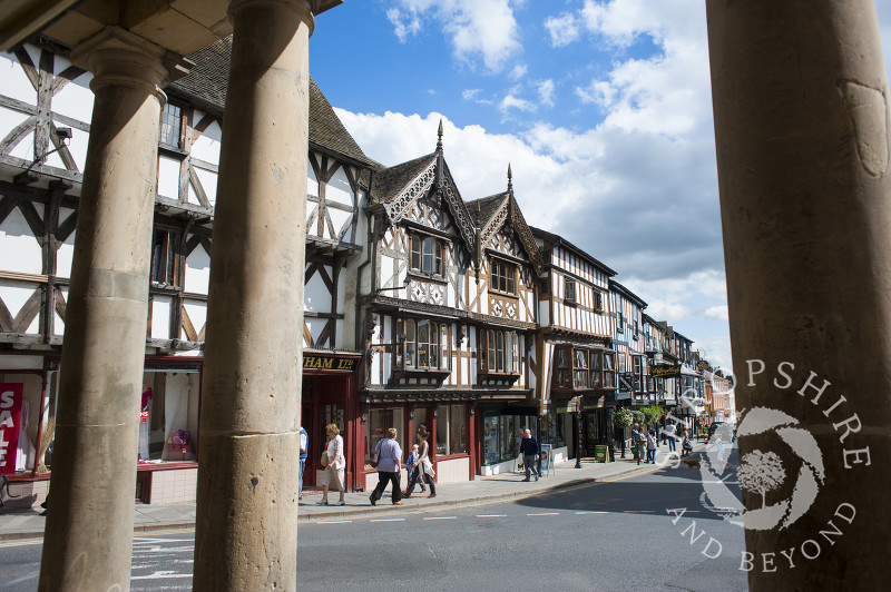 A view down Broad Street from the Buttercross in Ludlow, Shropshire, England.
