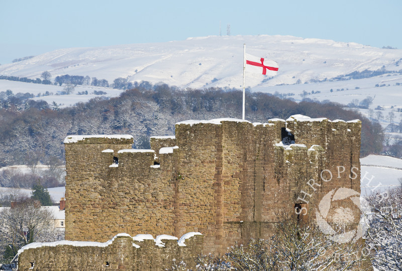 Great tower of Ludlow Castle with Brown Clee in the distance, Shropshire.