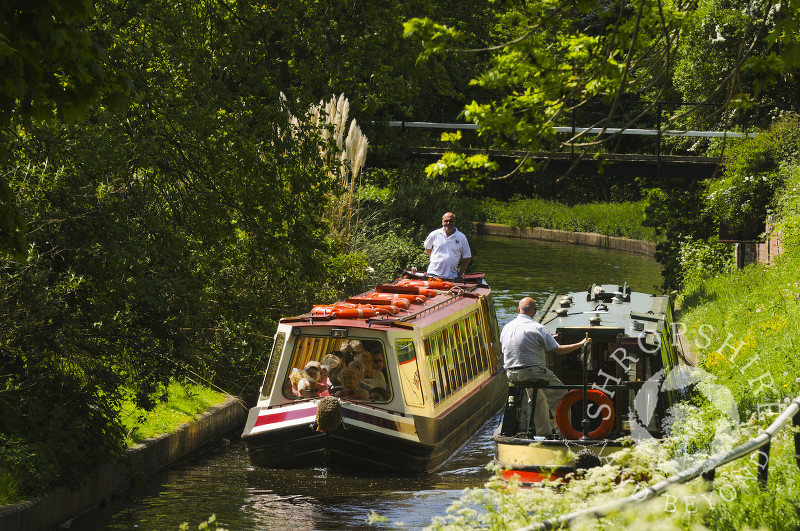 Narrowboats on the Llangollen Canal at Trevor, Powys, Wales.