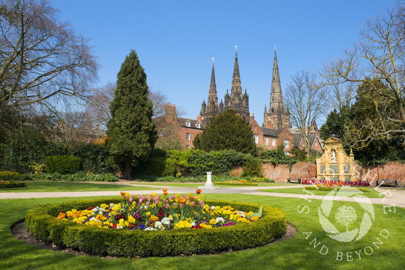 The Garden of Remembrance and Lichfield Cathedral in spring, Lichfield, Staffordshire, England.