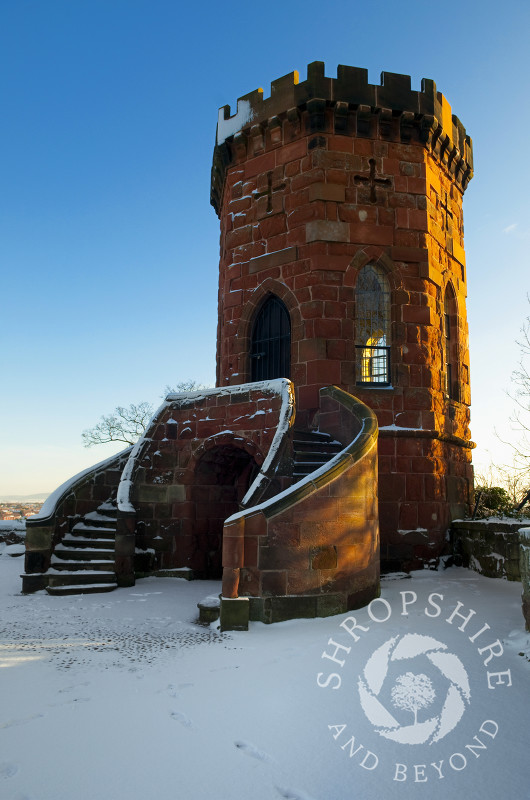 Snow surrounds Laura's Tower on the motte at Shrewsbury Castle, Shropshire, England.