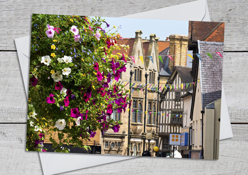 Summer flowers in Church Street, Oswestry, Shropshire.