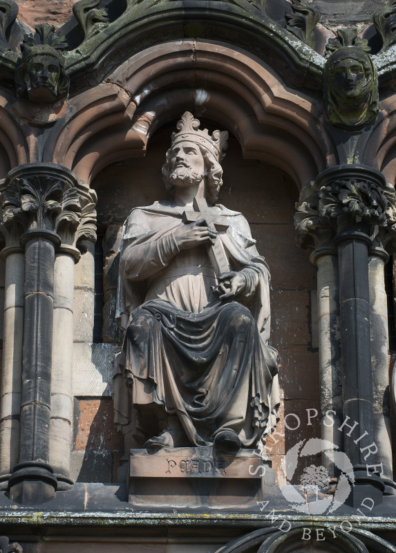 Statue of Penda, a king of Mercia, on the West Front of Lichfield Cathedral, Lichfield, Staffordshire, England.