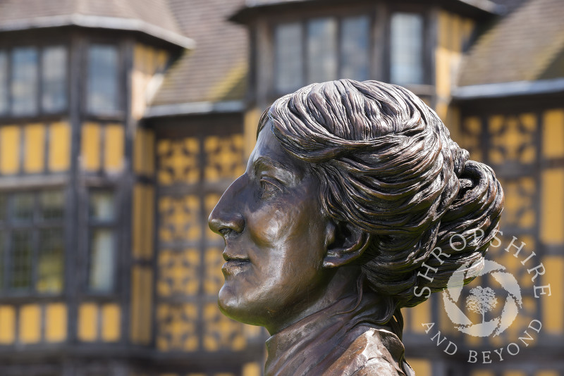 Bronze bust of the novelist Mary Webb outside Shrewsbury Library, Shropshire. It commemorates the centenary of the publication of her first book, The Golden Arrow.