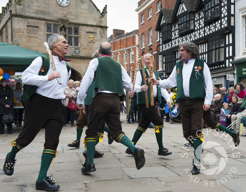 Shrewsbury Morris perform in the Square during the Big Busk, Shrewsbury, Shropshire, England.