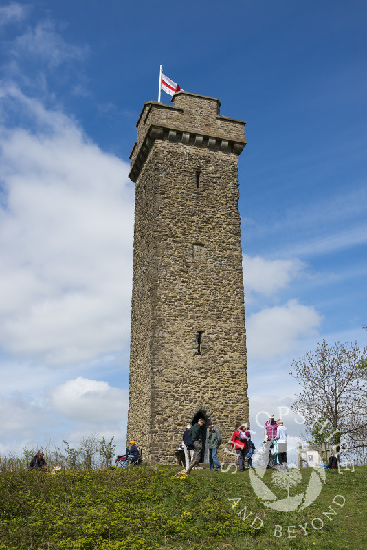 St George's flag flies from Flounders' Folly on Callow Hill near Craven Arms, Shropshire, England.
