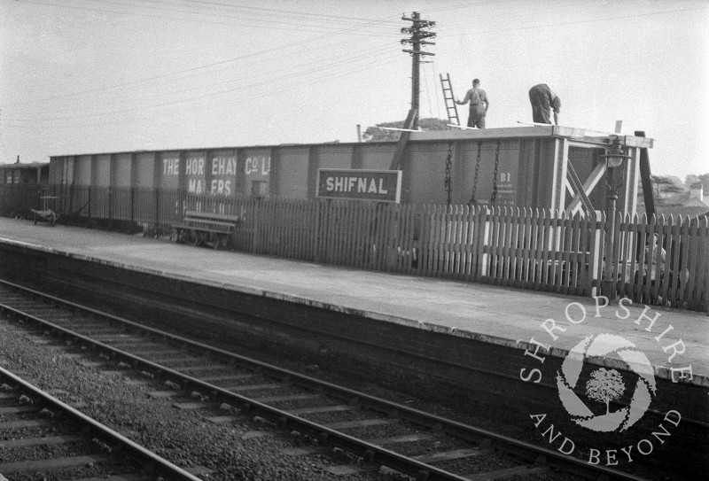 A section of the new bridge waiting to be lifted into place, Shifnal, Shropshire, 1953.