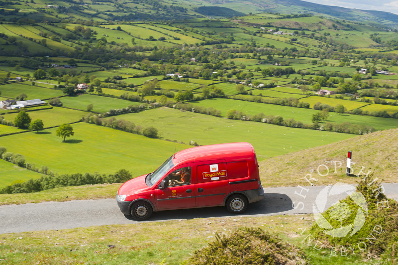 A Royal Mail post van on the Long Mynd, Shropshire, England.
