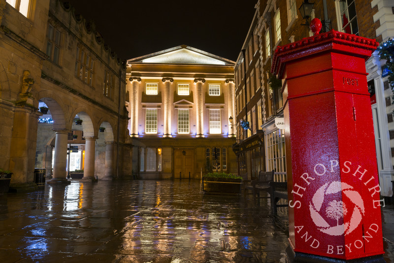 Reflections in the rain in the Square, Shrewsbury, Shropshire. 