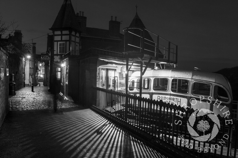 The Cliff Railway at night in Bridgnorth, Shropshire, England.