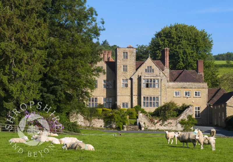 Sheep graze in front of Shipton Hall, near Much Wenlock, Shropshire.