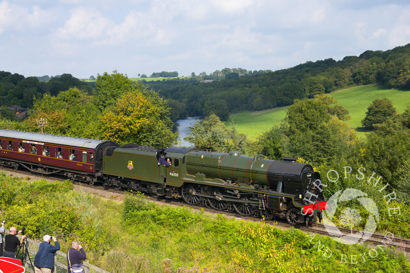 Royal Scot steam locomotive No. 46100 leaves Highley Station, Shropshire, during the Severn Valley Railway Autumn Steam Gala.